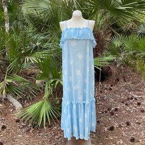 Givenchy 80s Vintage Micropleat Nightgown Blue White Signature Maxi Size S M